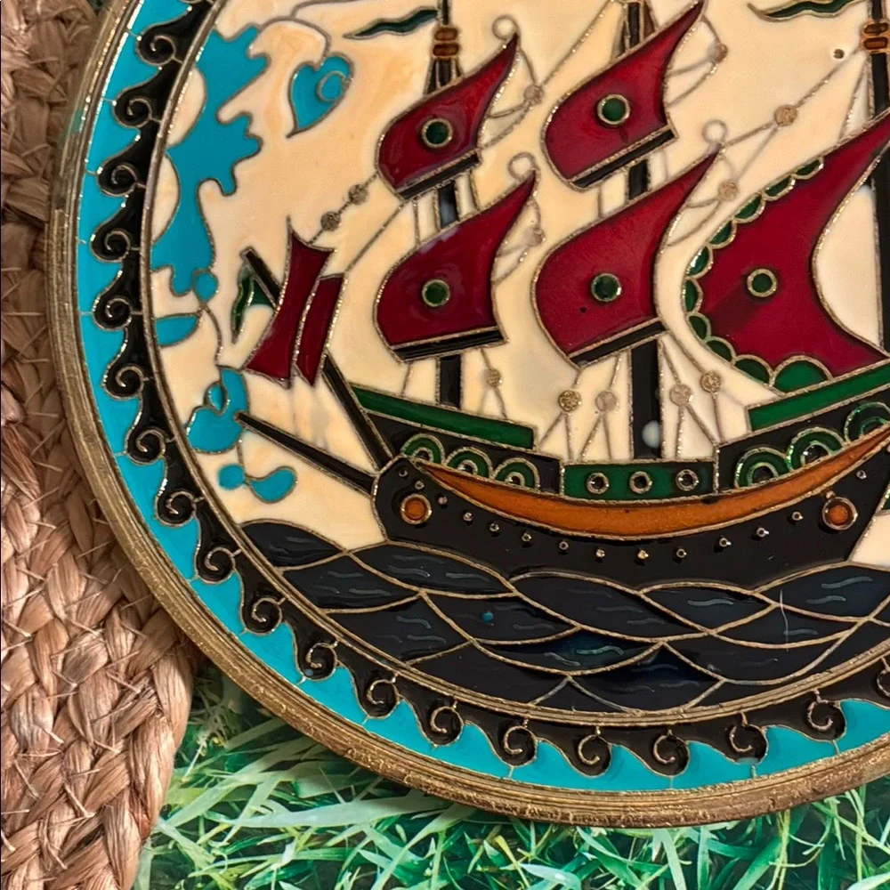 Vintage Nautical Greek Brass Plate with intricate cloisonné art work detailing